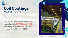 an advertisement for coil coatings market report with a picture of a factory