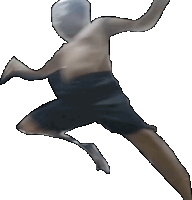 a drawing of a shirtless man in black shorts jumping in the air