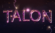 talon is written in purple and gold with lightning strikes