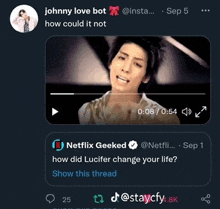 a screenshot of johnny love bot on twitter