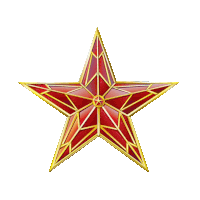 a red star with a gold border is against a white background