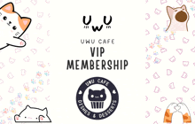 a poster for uwu cafe vip membership with a cat on it