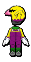 a cartoon character with a yellow helmet and purple overalls .