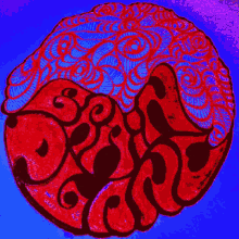 a drawing of a red and white circle with swirls and the word swirls on it