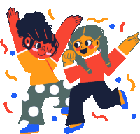 a cartoon drawing of two girls dancing with their arms in the air