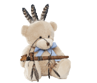 a teddy bear with feathers on its head is holding a wooden stick