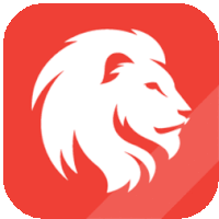 a red icon with a white lion head on it