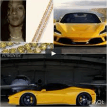 a collage of a woman , a necklace , and a yellow car .