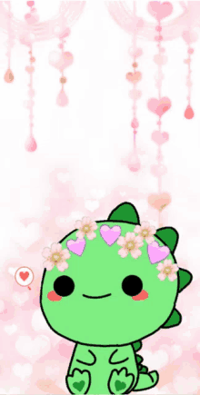 a drawing of a green dinosaur with hearts on its head