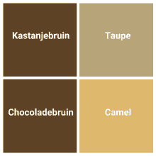 four squares of different colors with the words kastanjebruin taupe chocoladebruin and camel written on them