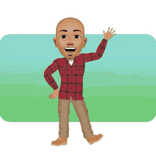 a cartoon man wearing a plaid shirt is waving his hand