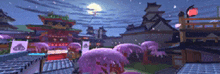 a video game scene with buildings and trees and a full moon