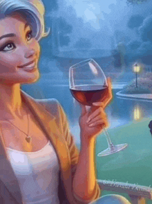 a woman is holding a glass of wine in her hand and smiling .