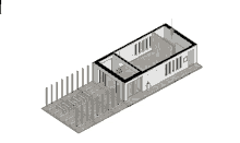 an isometric drawing of a building with a brick walkway leading to it