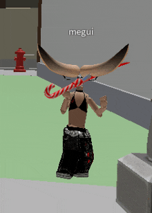 a cartoon character with a candy cane around her neck and the name megui written on the wall behind her