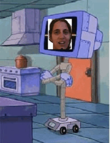 a cartoon of a robot with a woman 's face on it 's head