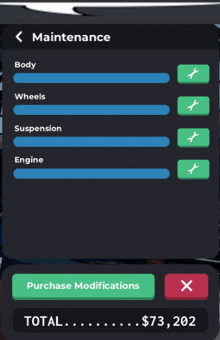 a maintenance screen with a purchase modifications button and a total of $ 73,202