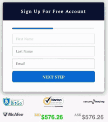 a sign up page for a free account with logos for norton security mcafee bitgo and secure trading