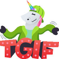 a cartoon of a unicorn wearing a green jacket and a green hat holding a sign that says tgif