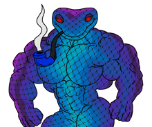 a blue and purple snake smoking a pipe with smoke coming out of it