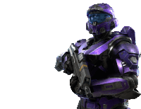 a man in a purple armor with the letter u on his helmet is holding a gun