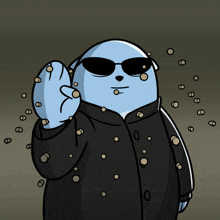 a cartoon character with sunglasses and a black coat