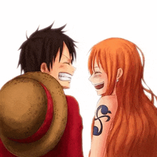 luffy and nami from one piece are smiling at each other and laughing .