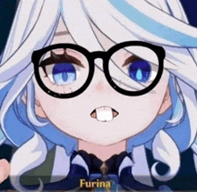 a close up of a girl wearing glasses with the name furina on the bottom