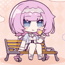 a girl with purple hair is sitting on a bench eating a donut