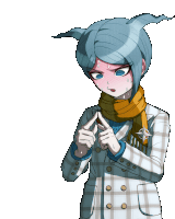 a girl with blue hair is wearing a plaid coat and scarf and making a peace sign