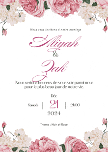 a wedding invitation in french with pink flowers