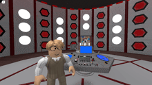 a cartoon character is standing in front of a control panel in a room