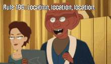 a cartoon character with the words rule 199 location location location written above him