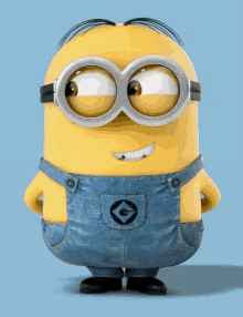 a yellow minion wearing overalls and goggles with the letter g on the pocket