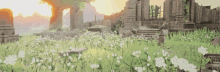 a video game scene with a field of flowers and ruins