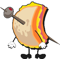 a cartoon drawing of a sandwich with arms and legs holding an olive