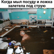 a man is swimming in a flooded kitchen with the caption " когда мыл посуду и ложка "