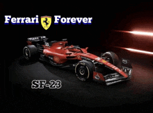 a ferrari forever sf-23 race car is shown on a dark background