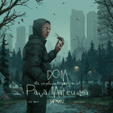 a painting of a man holding a spider with the word dom written on it