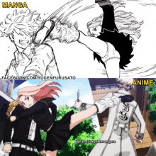 a black and white drawing of a girl kicking a man in the face next to an anime drawing of a girl kicking a man