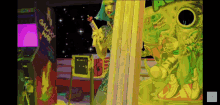 a pixel art of a woman holding a microphone in front of an arcade game called galaxy war