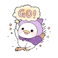 a penguin wearing a purple cape is flying on a broom with a speech bubble that says go .