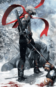 a painting of a man with a red scarf around his neck holding a sword in the snow