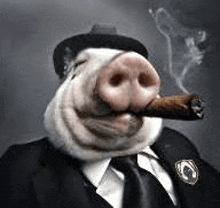 a pig is smoking a cigar in a suit and tie .