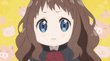 a cute anime girl with long brown hair and blue eyes