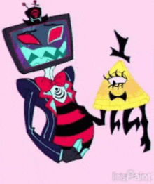 a cartoon character with a television head is holding a pyramid and a bee .