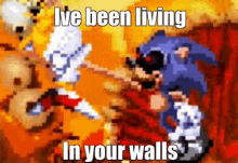 a pixelated image of sonic the hedgehog with the words " ive been living in your walls "