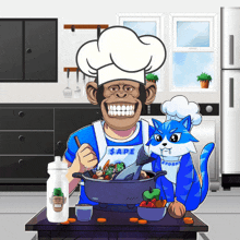 a chimpanzee wearing a chef 's hat is cooking with a cat