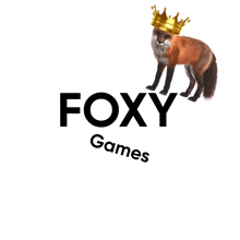 a fox with a crown on its head stands in front of a logo for foxy games