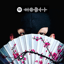 a person in a black mask holds a fan in front of their face with a spotify logo above them